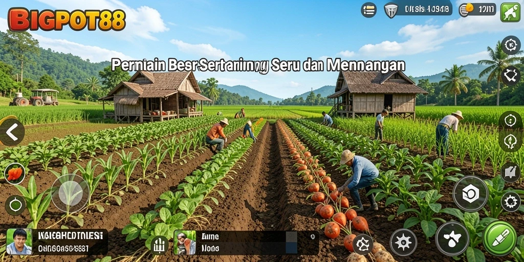 Gameplay seru di BIGPOT88 dengan ladang yang luas dan tanaman hijau.