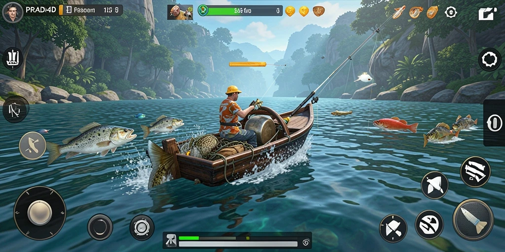 Screenshot gameplay PRADA4D menampilkan aksi memancing yang mendebarkan.