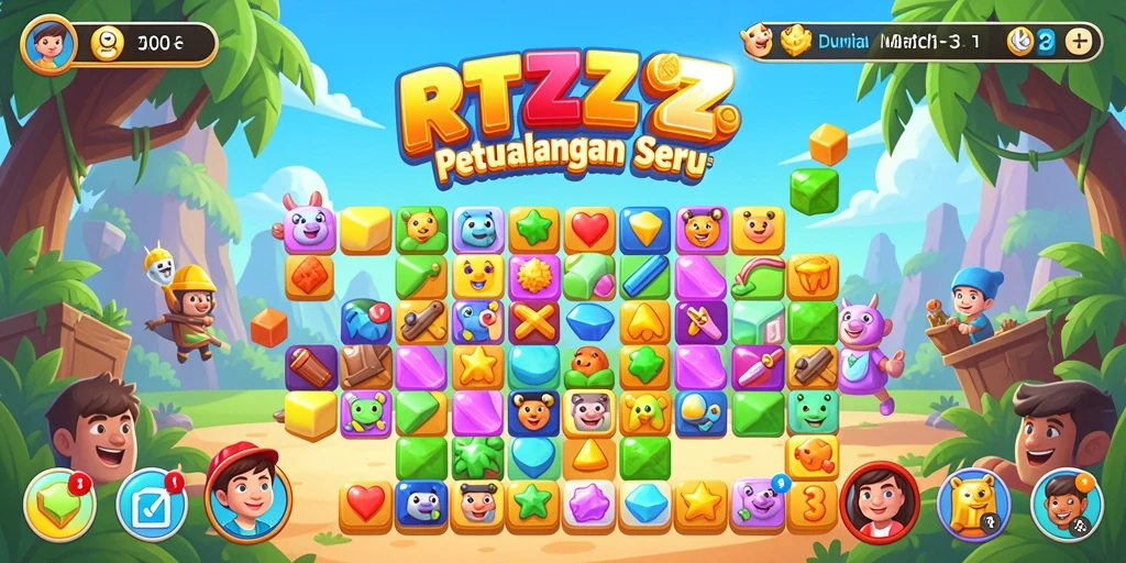 Screenshot utama RTZZ menampilkan permainan Match-3 yang seru dan penuh warna.