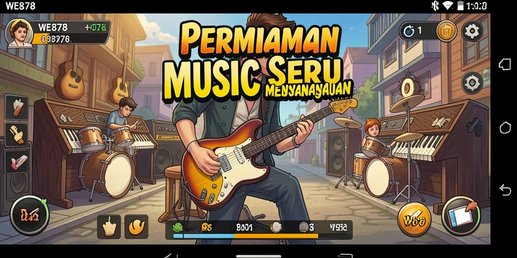 Tampilan gameplay WE878 yang menarik dan penuh warna dengan berbagai elemen musik.
